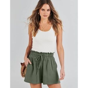 Casual Wide Loose High Waist Drawstring Dressy Shorts Green